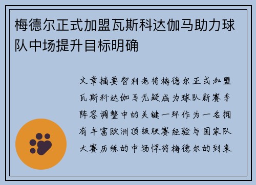 梅德尔正式加盟瓦斯科达伽马助力球队中场提升目标明确