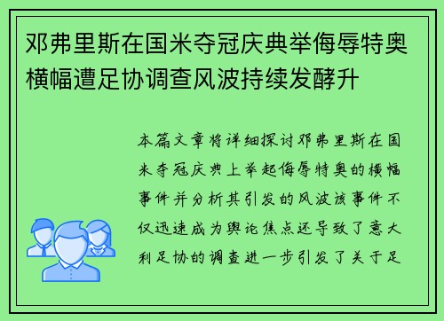 邓弗里斯在国米夺冠庆典举侮辱特奥横幅遭足协调查风波持续发酵升